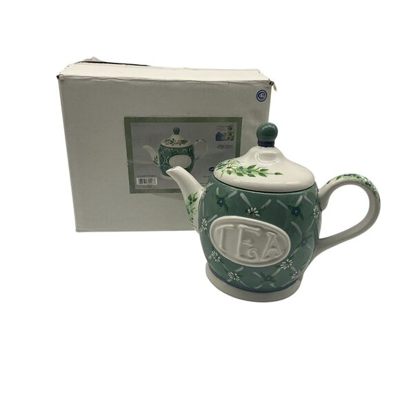 Kathy Hatch Vintage Herb Collection Teapot with Lid Green Floral 5 Cup - Picture 1 of 16